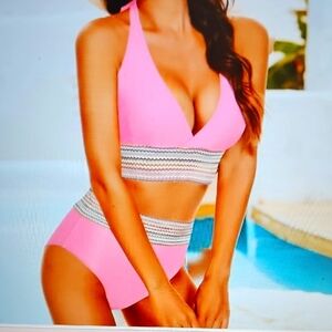 NWT Evolyline Colorblock High Waisted Scoop Neck Bikini 2 Piece Set Pink XL
